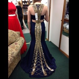 ALYCE Navy Blue Prom Dress with Gold Accented Back